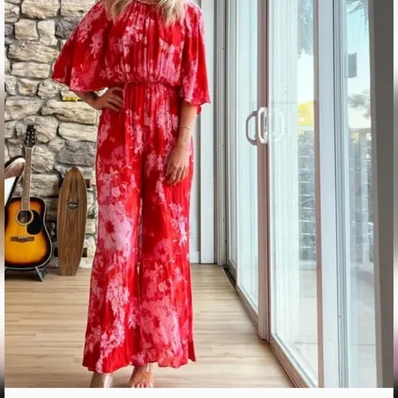 NWT PINKO Aquarius Tuta Jumpsuit  wide leg flutter sleeve pink sz 46 us 14 - Picture 7 of 11